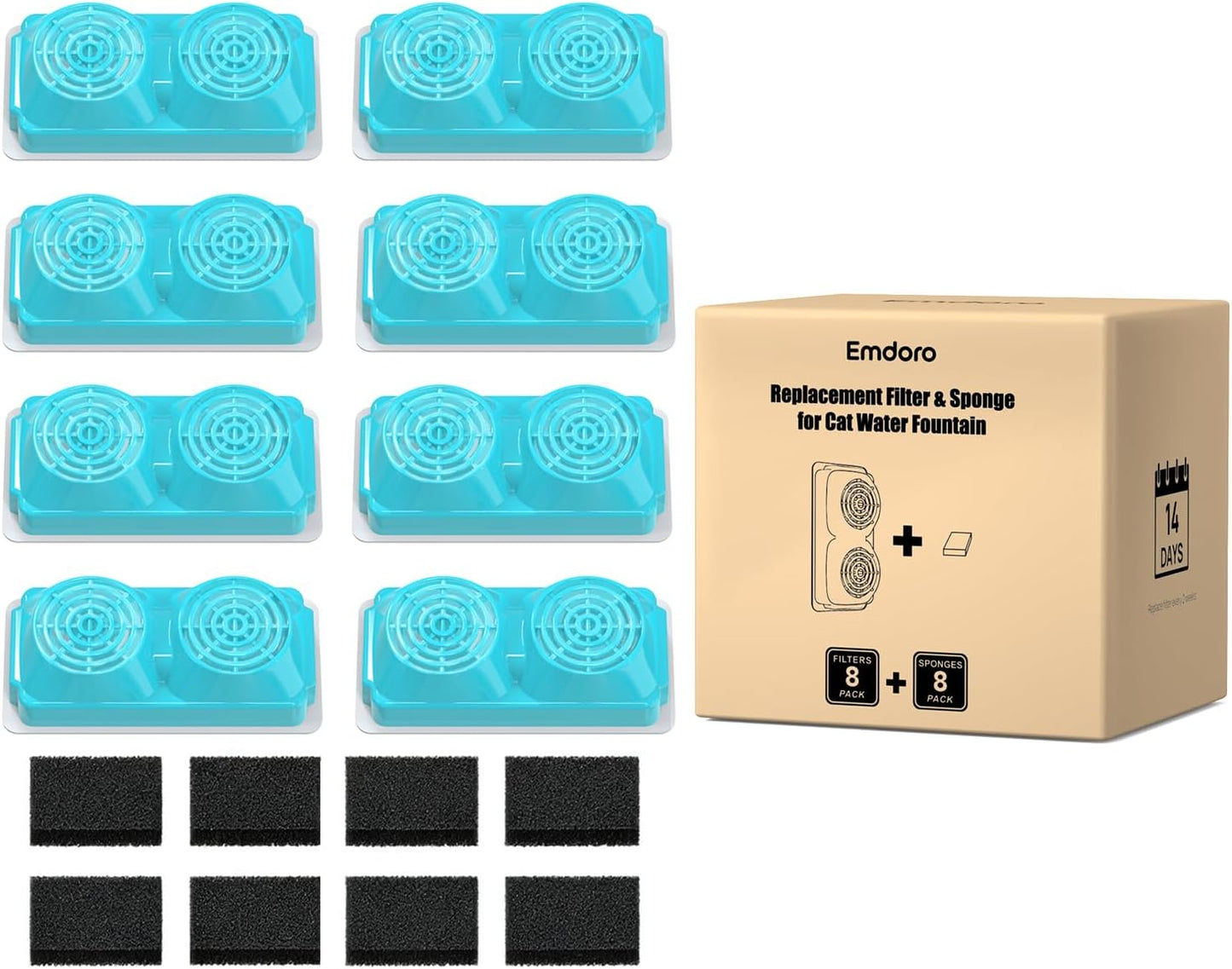 Official 8-Pack Replacement Filters and Sponges (4 Months Set) for 3.2L/108oz Stainless Steel Cat Water Fountain