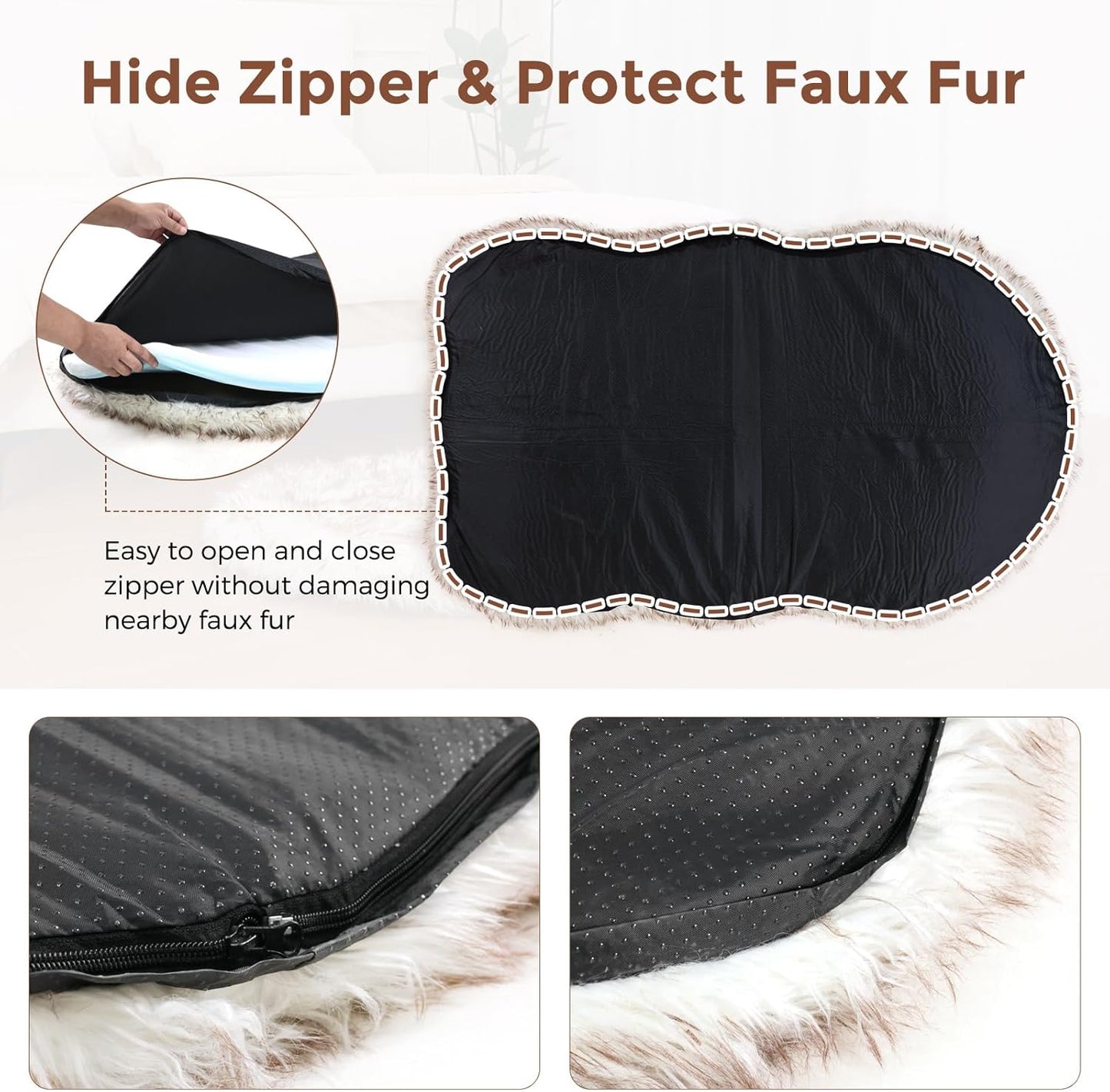 50 Inch Faux Fur Dog Bed for Large/Medium Dogs Orthopedic Beds with Fluffy Faux Fur & Soft Memory Foam for Joint Pain Relief, Machine Washable and Waterproof Dog Couch Beds White with Brown