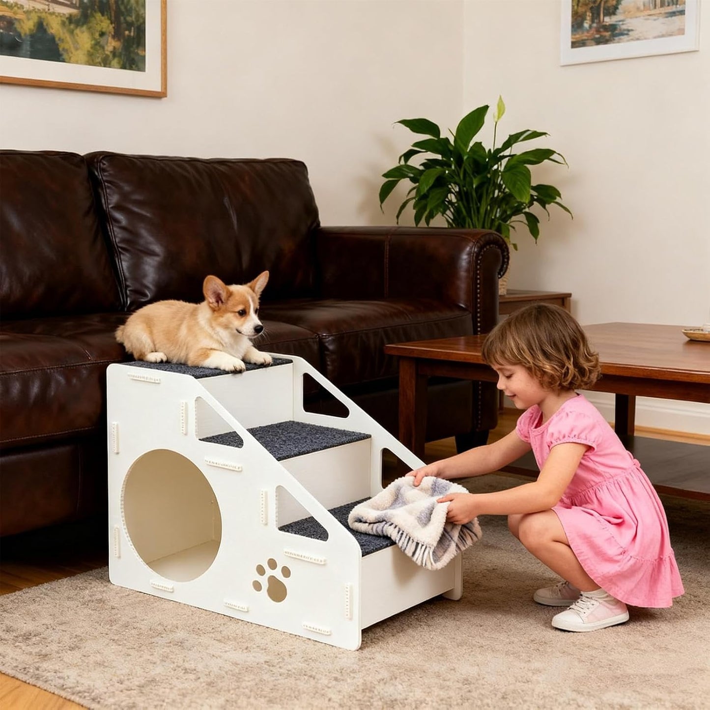 Pet Steps - 4-Step Non-Slip Cat and Dog Stairs with Built-in Cave Ramp, Soft Climbing Aid for Small Medium Large Pets, Ideal for Bed, Couch, Sofa, or Play Area, Safe Indoor Furniture