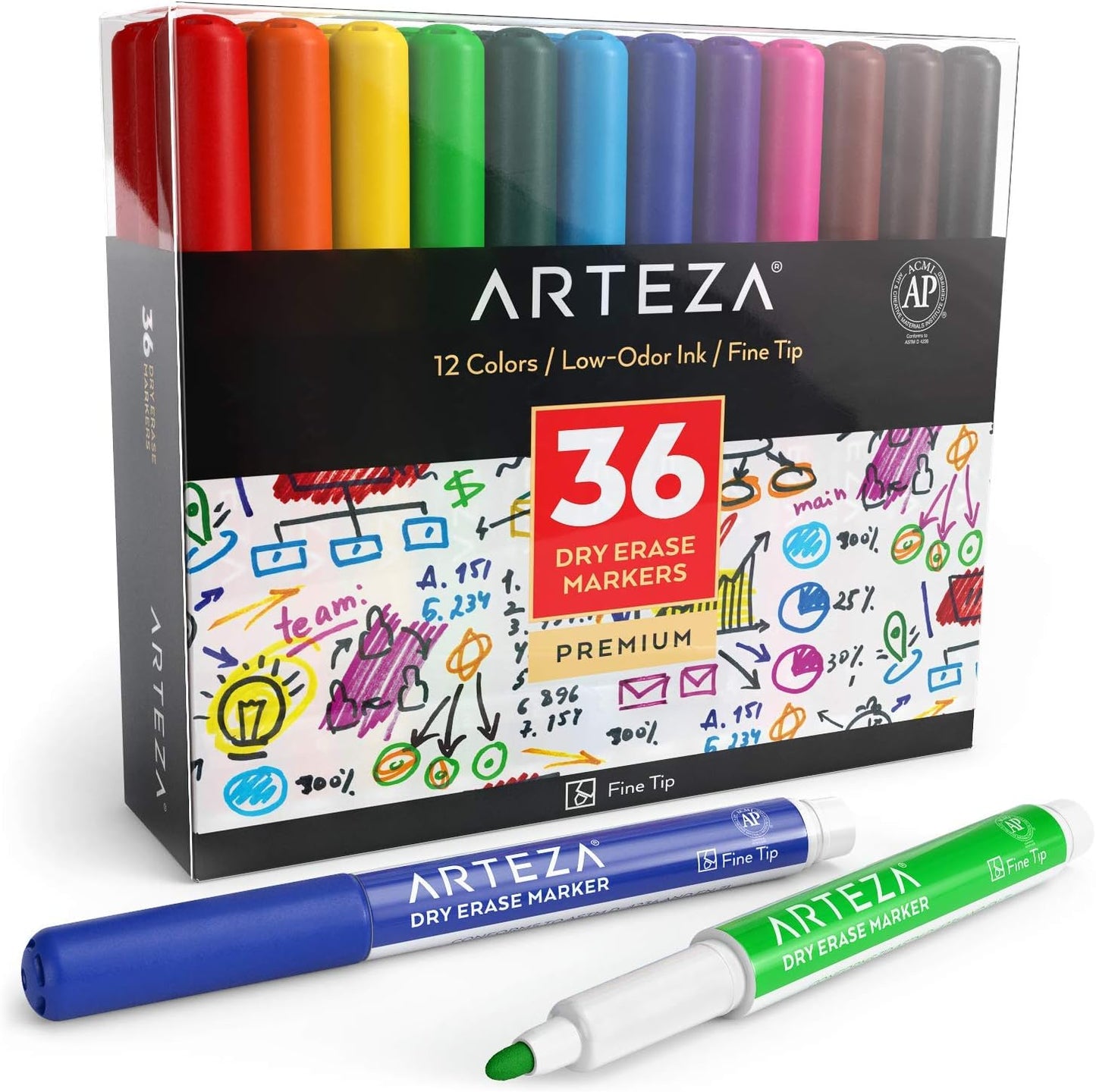 ARTEZA Dry Erase Markers Fine Tip, Bulk Pack of 36 Low-Odor Whiteboard Pens, 12 Assorted Colors for Office, Meeting Rooms & Daily Planning