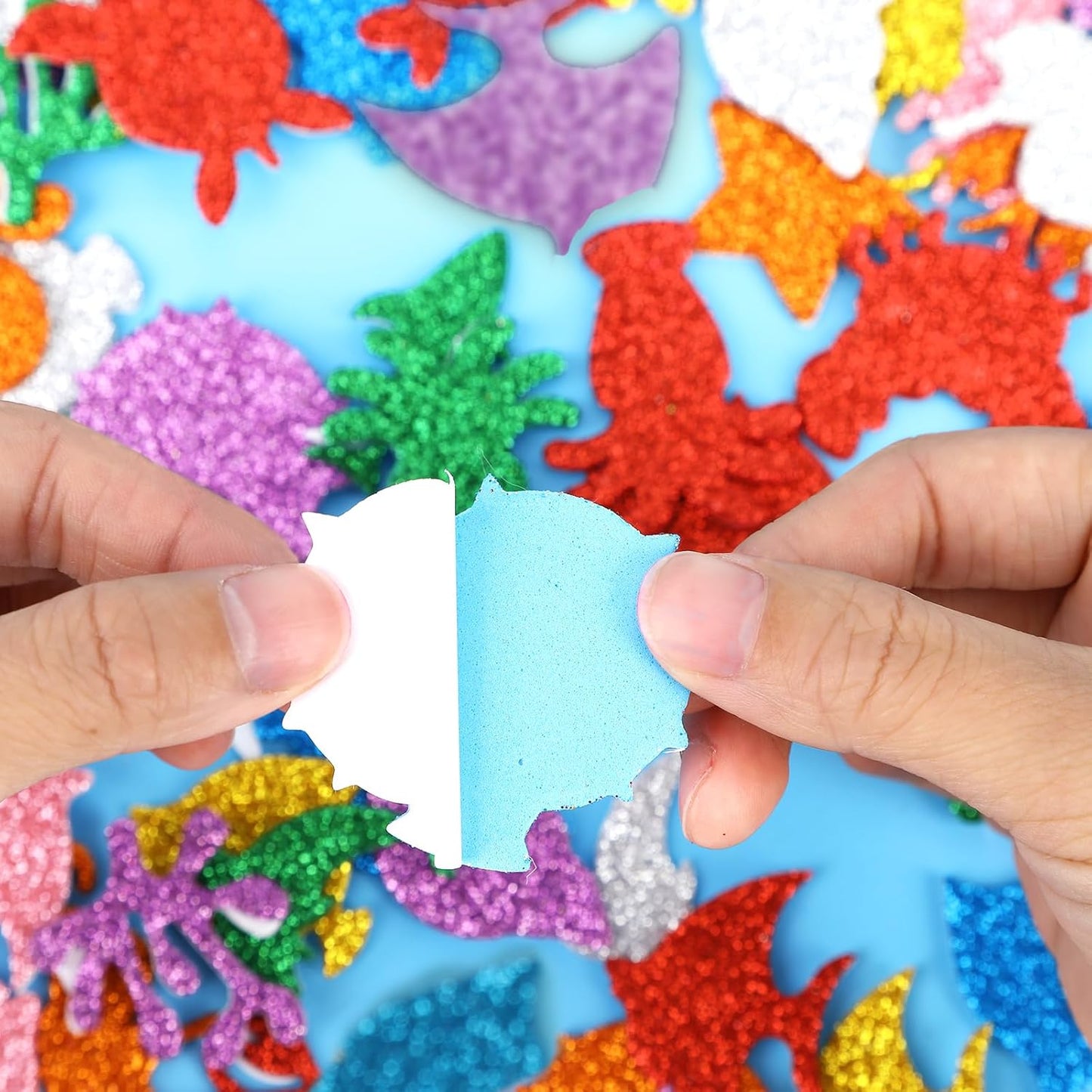 JULBEAR 300 Pieces Glitter Sea Animal Foam Stickers, Colorful Ocean Sea Fish Foam Stickers Bulk Self-Adhesive for Arts Crafts Ocean Theme Party Favors Decoration Home DIY Supplies