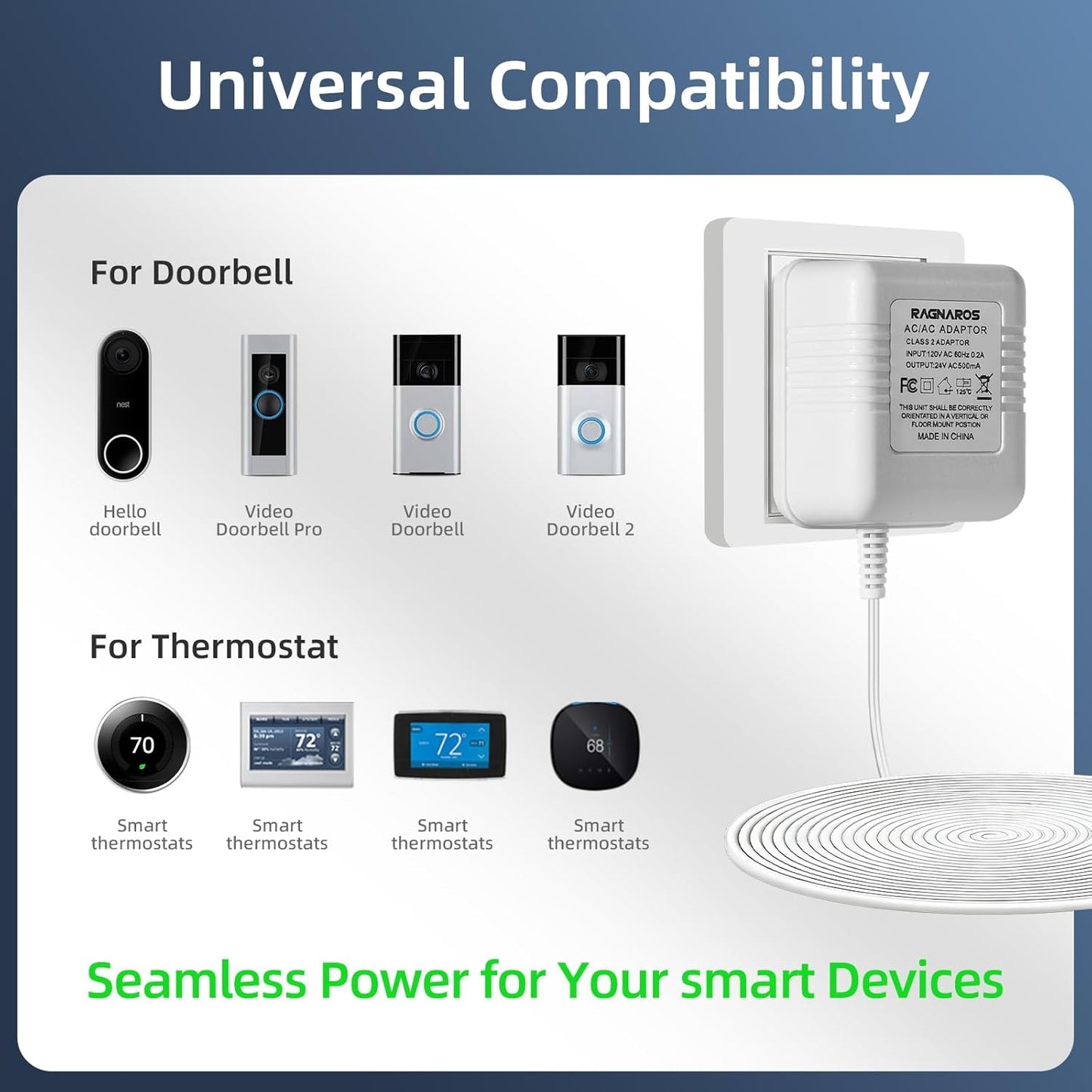 24V AC Doorbell Transformer - 18ft Long Cable Adapter, Universal Compatible with All Ring Doorbells (Pro 1/2, 3, 4, Plus), Nest, Eufy, Wyze - C Wire Thermostat Power Supply