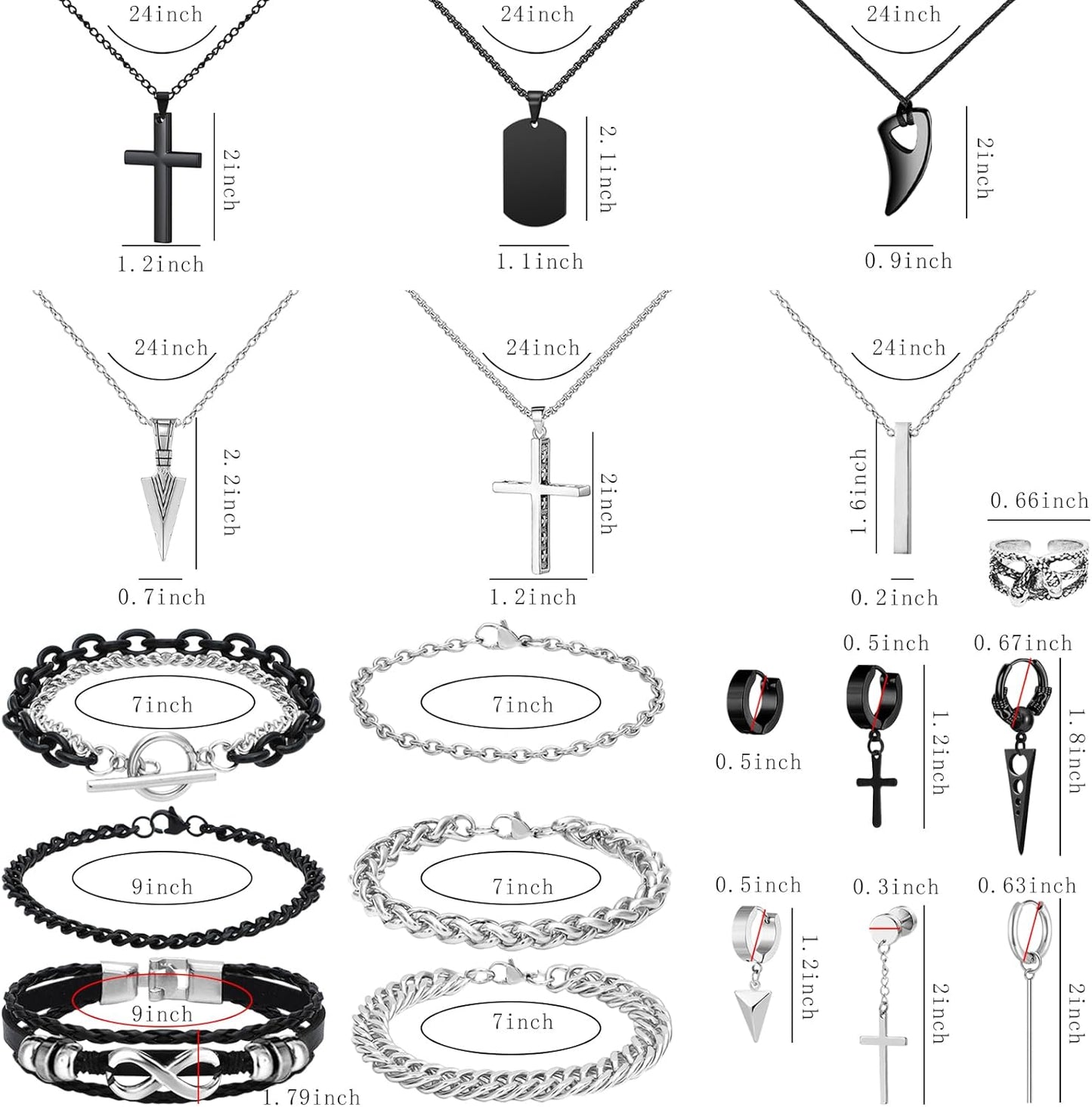 NEWITIN 31 Pieces Stainless Steel Jewelry Set for Men Black Silver Chain Necklace Bracelet Cross Pendant Necklaces Vintage Rings Dangle Cross Earrings Cuban Jewelry Set for Men Women
