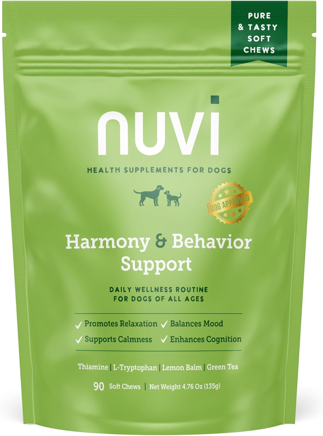 Nuvi Calming Chews for Dogs — Anxiety & Stress Relief Soft Chews | Non-Drowsy, Vet-Recommended Ingredients | Separation Anxiety, Fireworks, Travel | 90 Count