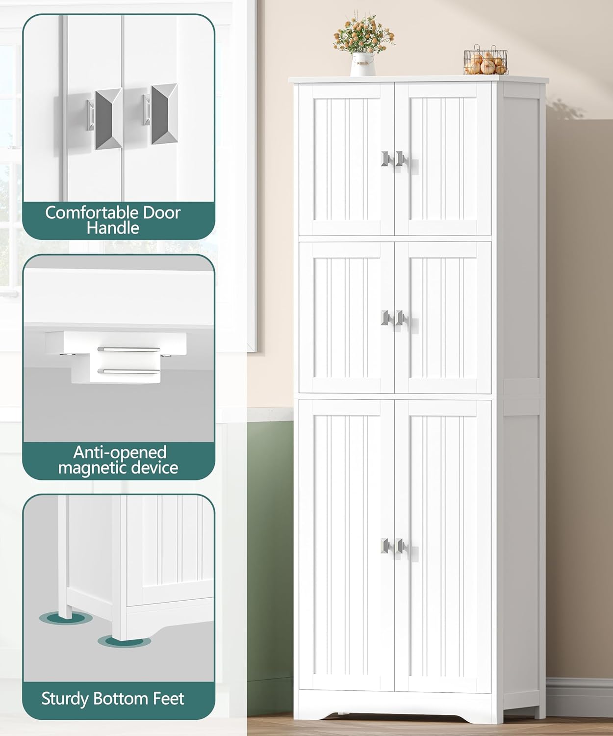 63" H Tall Bathroom Storage Cabinet, Linen Floor Cabinet with 6 Doors and Adjustable Shelves, Pantry Storage Cabinet for Bathroom, Living Room, Laundry Room, Kitchen, White