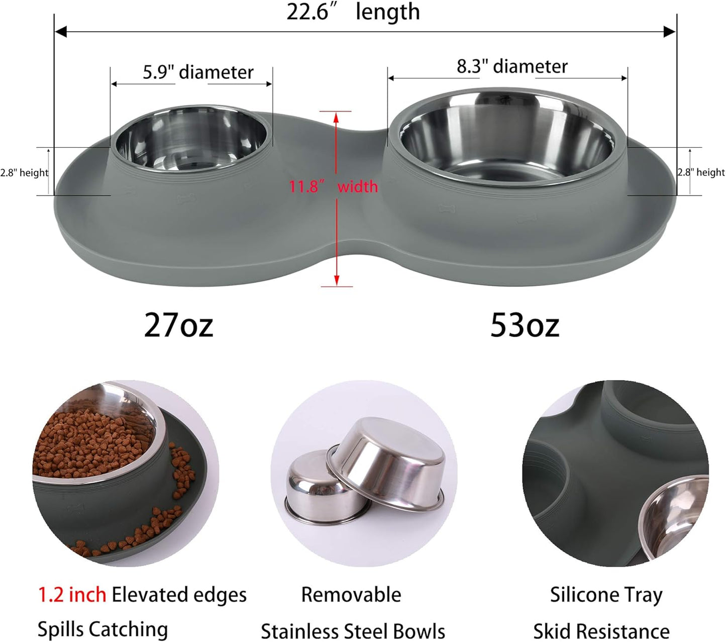100% Waterproof BPA Free Pet Dog Bowls2 Stainless Steel（53oz+27oz） with 1.35“ Raised Edge Silicone Mat + Slow Feed Dog Water and Food Bowls for Feeding Small Large Dogs Cats Puppies (Gray)