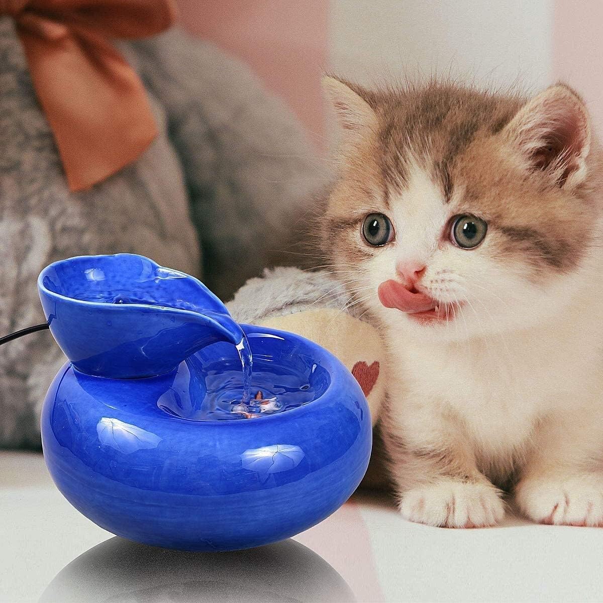 Fountain Ceramic Cat Drinking Water Fountain, 1.5 Liters Pet Water Fountains for Cats and Dogs, Electric Pet Water Dispenser with Quiet Pump Filters Pet Water Dispenser (Color : Blue) (White)