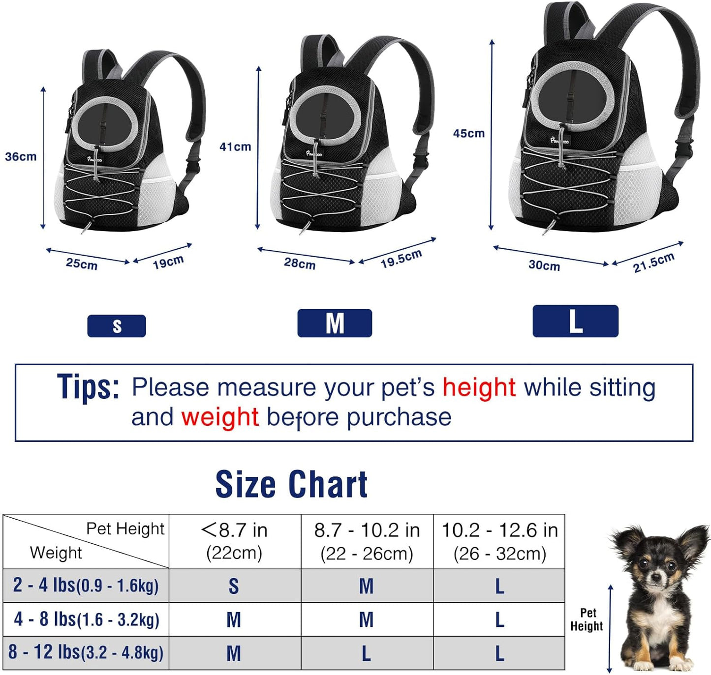 Pawaboo Pet Dog Carrier Backpack, Puppy Dog Travel Front Carrier for Small Medium Dogs Cats, Adjustable Breathable Dog Carrying Backpack with Safety Strips for Hiking, Walking (Black S Up to 5 lbs)