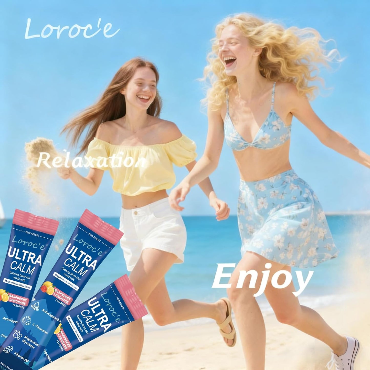 Loroc'e UltraCalm Super Cortisol Reducer Drink, Magnesium Glycinate (30 Servings), L-theanine, Ashwagandha, Vitamin D, No Sugar, Raspberry Lemonade Sleep Aid Powder