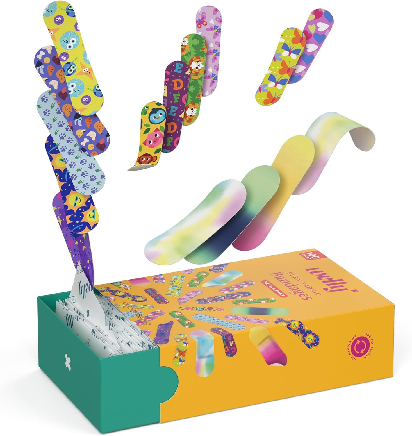 Welly Bravery Badge Value Pack | Adhesive Flexible Fabric Bandages | Assorted Shapes and Patterns for Minor Cuts, Scrapes, and Wounds - 100 Count