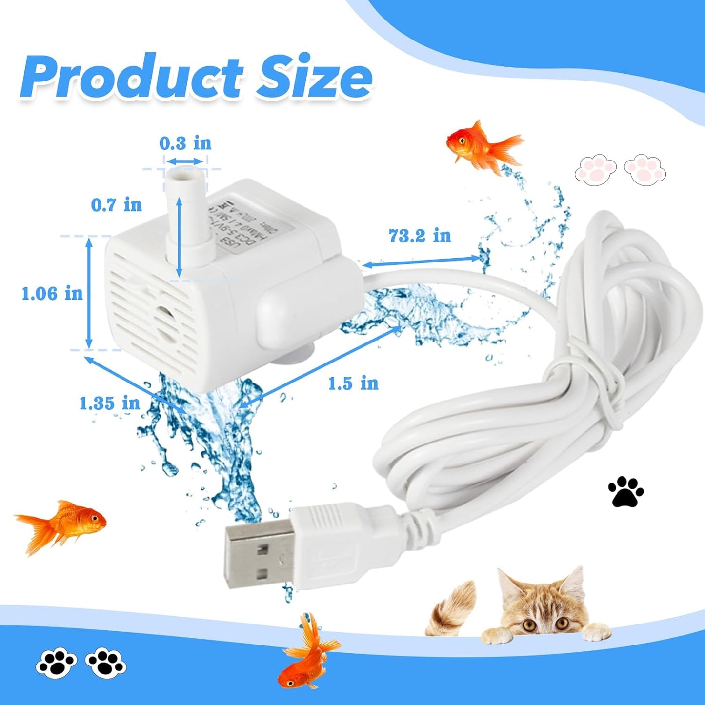 Water Fountain Pump Replacement - 3.5-9V White Mini Submersible Pump,USB-5800 for Pet Fountains, Fish Tanks, Crafts & Plants - Quiet, Durable & Universal Fit
