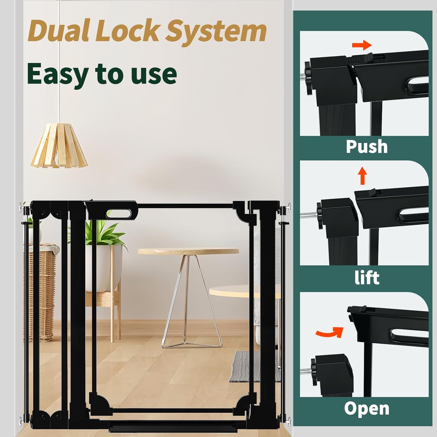 Clear Baby Gate 29.13-37.79" Wide Acrylic Safety Proof Dog Puppy Pet Barrier for Stairs, Transparent Adjustable Pressure Mounted No Drill Auto Close Indoor, Doorways, Hallway,Black