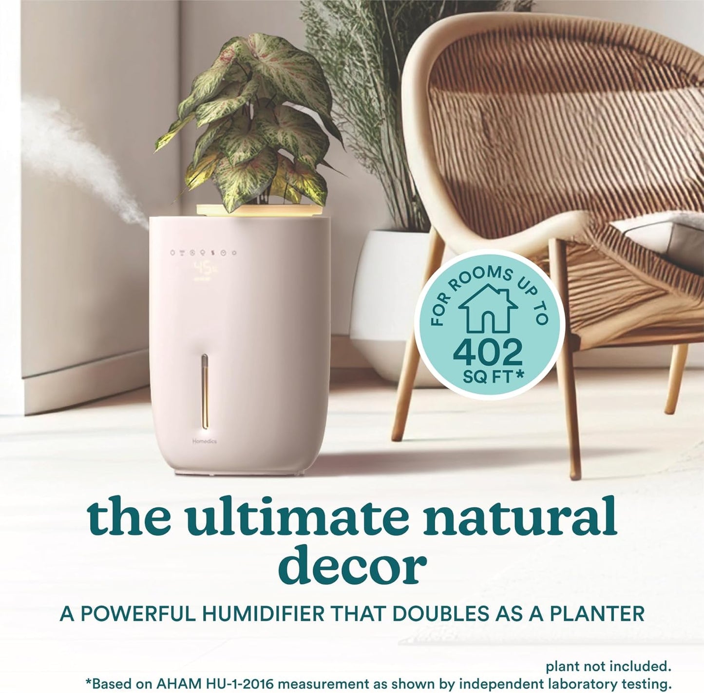 Homedics Natura Ultrasonic Warm & Cool Mist Humidifier, 1.3-Gal for Large Rooms, 60-Hr Runtime, Plant Holder, Programmable Humidity, Auto Shutoff, Nightlight Small Pot Compatible(Plant Not Included)