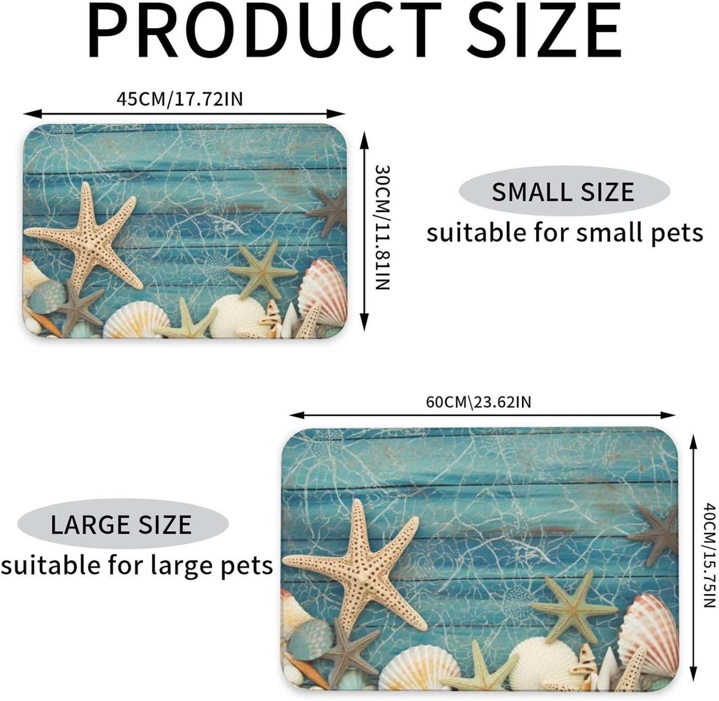 Shell Starfish Pattern Pet Feeding Mat 30x45cm Absorbent Leather Dog Cat Food Mats Non-Slip Dog Bowl Mats for Food and Water, Quick Dry Pets Placemats for Cats and Dogs Water Bowl