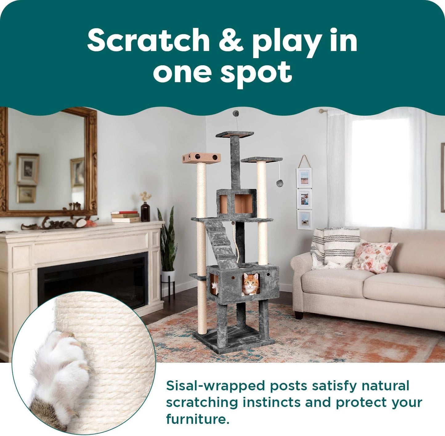 FurHaven 69.3" Tall Cat Scratching Post Tower for Indoor Cats, Sisal Cat Tree with 2 Condos, Tiger Tough Double Decker Playground, Toys & Perches for Cats, Sisal, Silver Gray