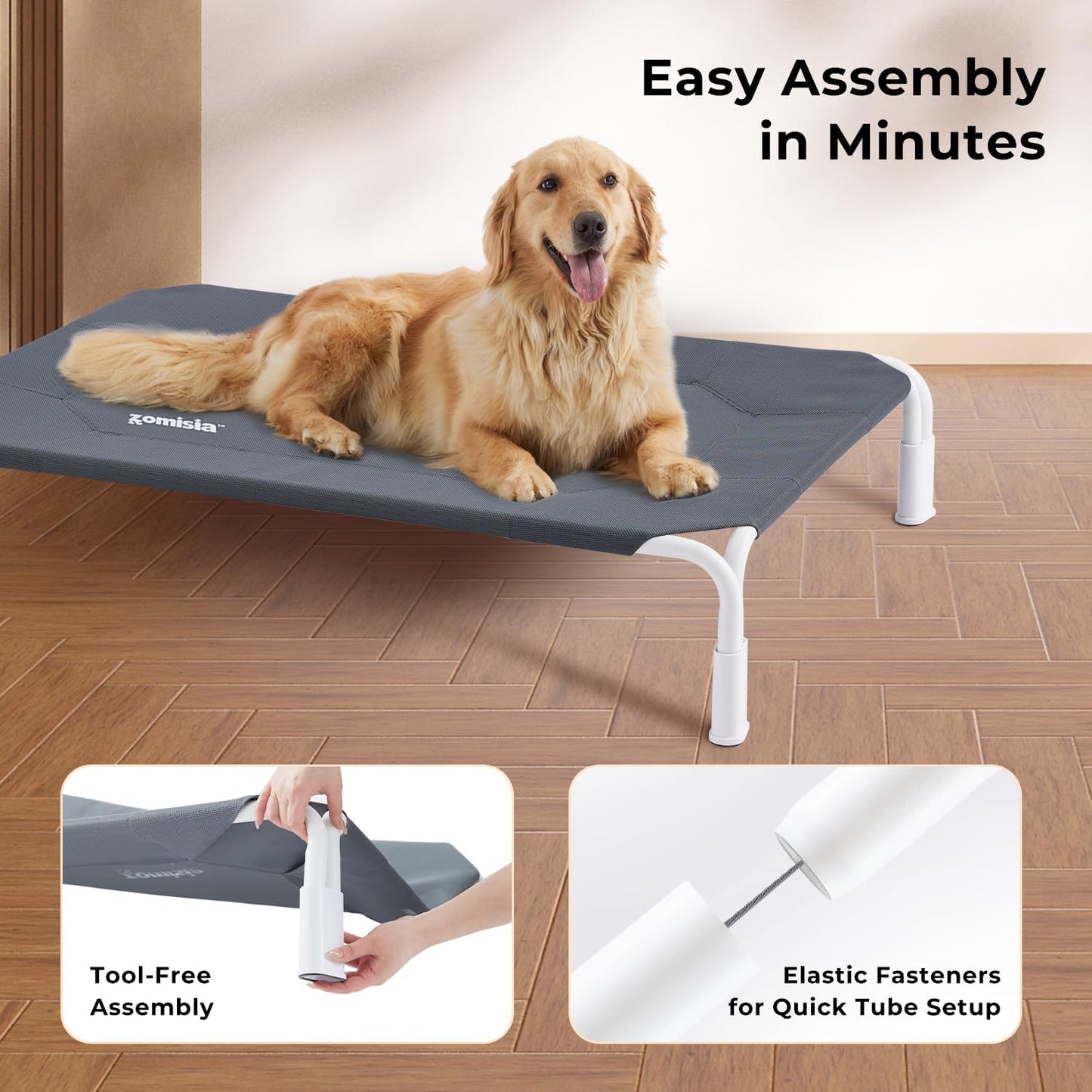 XL Elevated Dog Cot Bed Tool-Free Assembly - Outdoor Raised Dog Cooling Bed Frame for Large Pets, Summer Pet Hammock Off Ground with Non-Slip Feet & Waterproof Teslin Mesh, 48x33 Inch