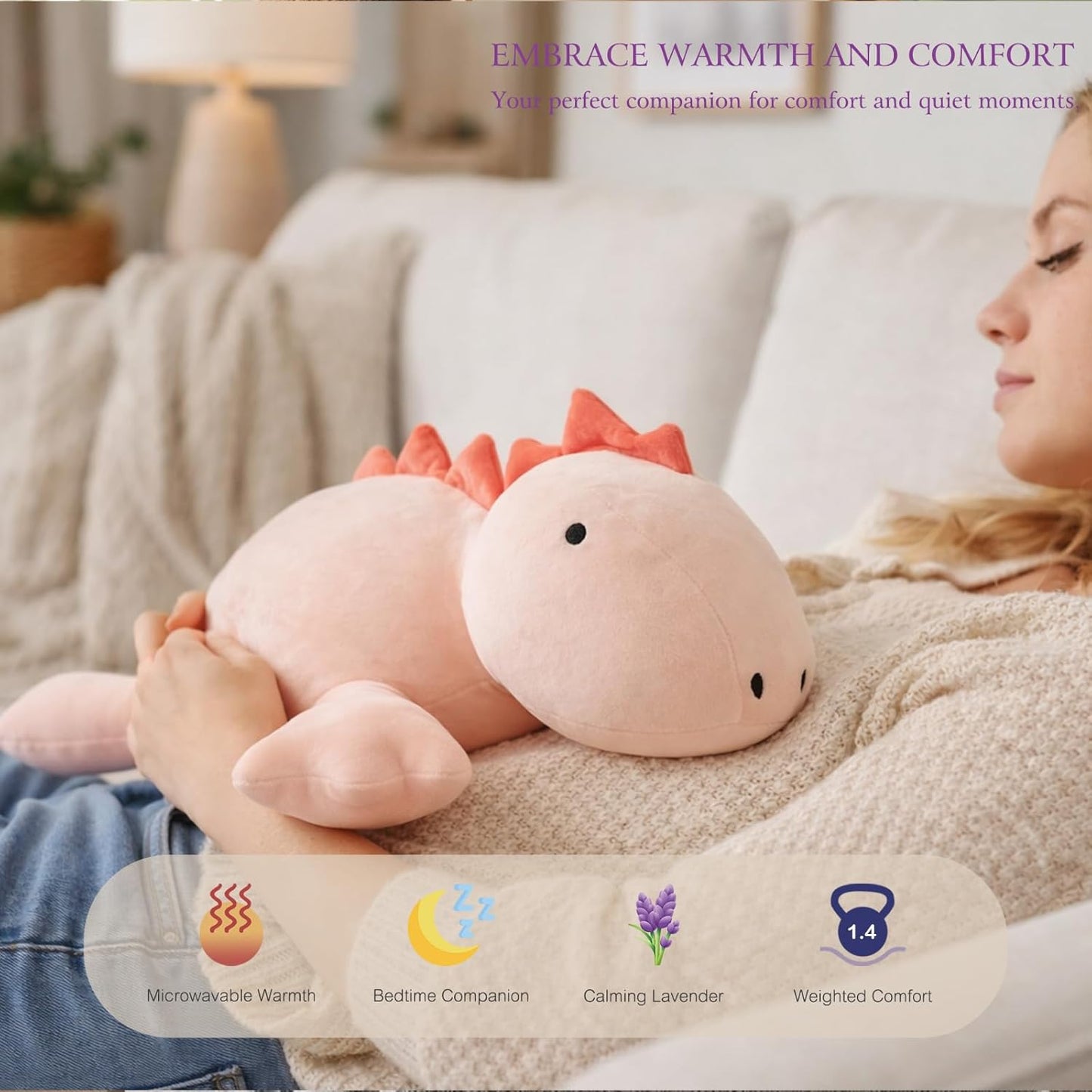 OSOCU® Microwavable Heating Pad Pink Stegosaurus Plush - 1.4 Lb Weighted Stuffed Animal Toy with Tourmaline Beads & Lavender - 16" Squished Long Dinosaur Pillow - Lumbar Back Cushion Lasting Warmth