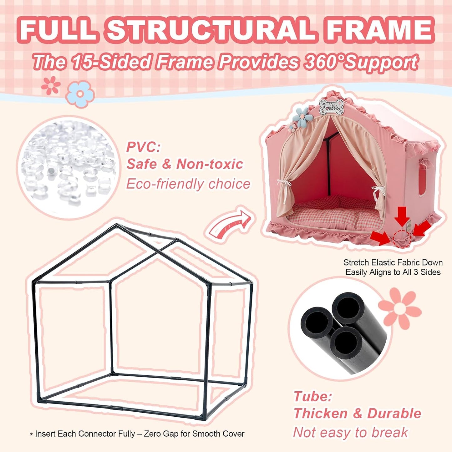 Jiupety Indoor Dog House with Frame, Cute Dog Tent Bed with Cover Cave, Breathable, Washable, and Foldable House, Suitable for 20-40 Lb, Large (25"×25"×25"), Pink