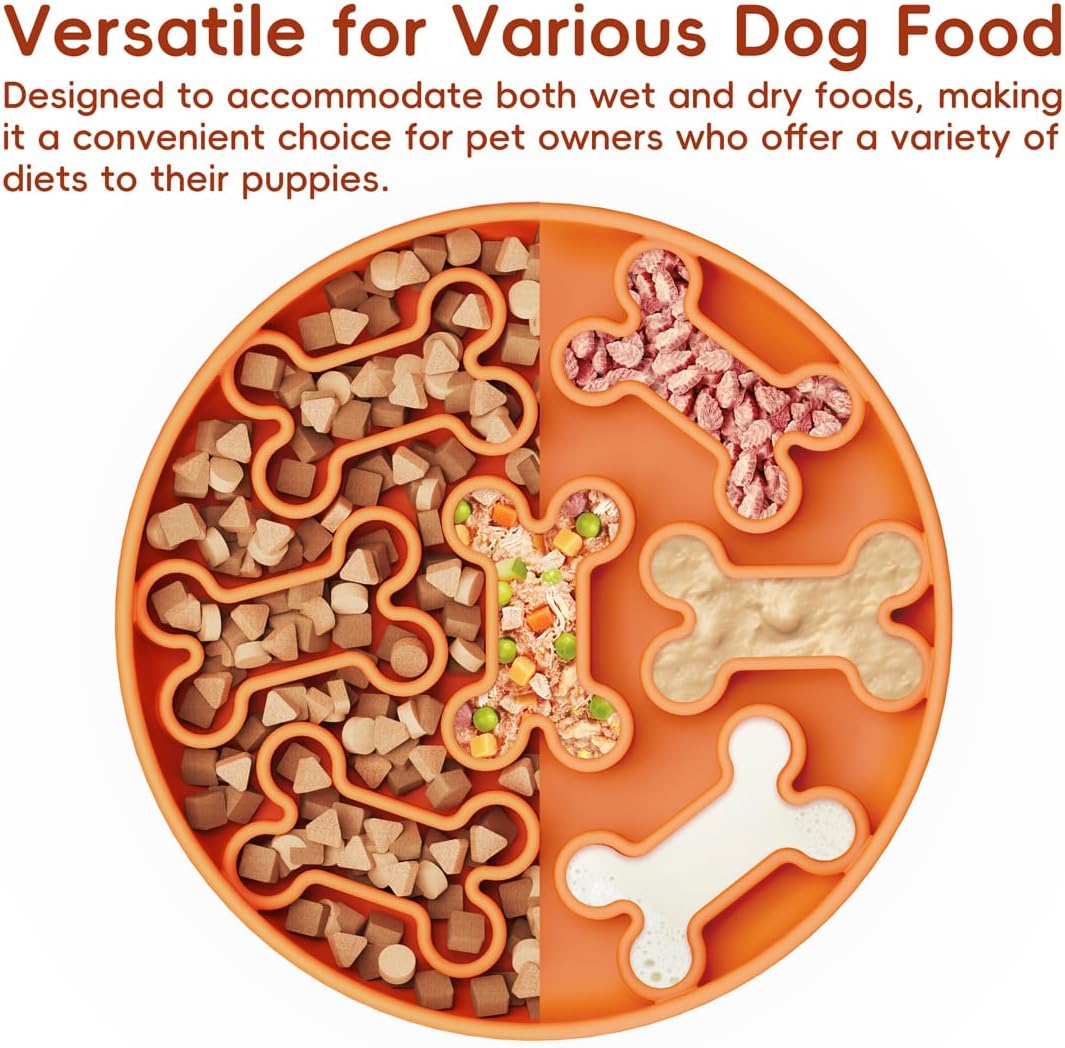 Silicone Slow Feeder Dog Bowl – Orange Bone Pattern | Food-Grade Non-Slip Dog Dish for Anti-Bloat, Fast Eating Prevention, 7.5” x 1.5”, Dishwasher Safe