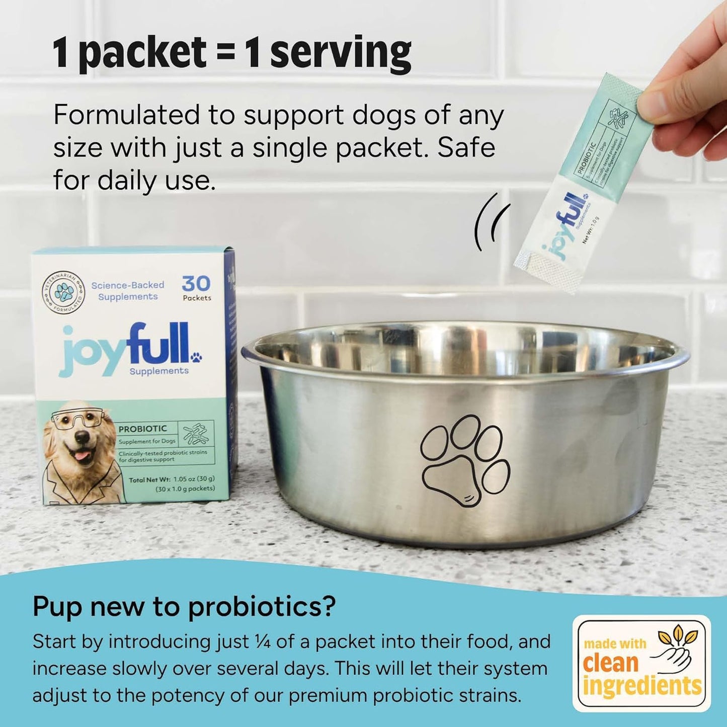 Joyfull Probiotics for Dogs - Supports Gut Health, Immune System, Occasional Diarrhea, Digestive Health, Gas & Bloating - 30 Packets of 1g Powder Probiotics