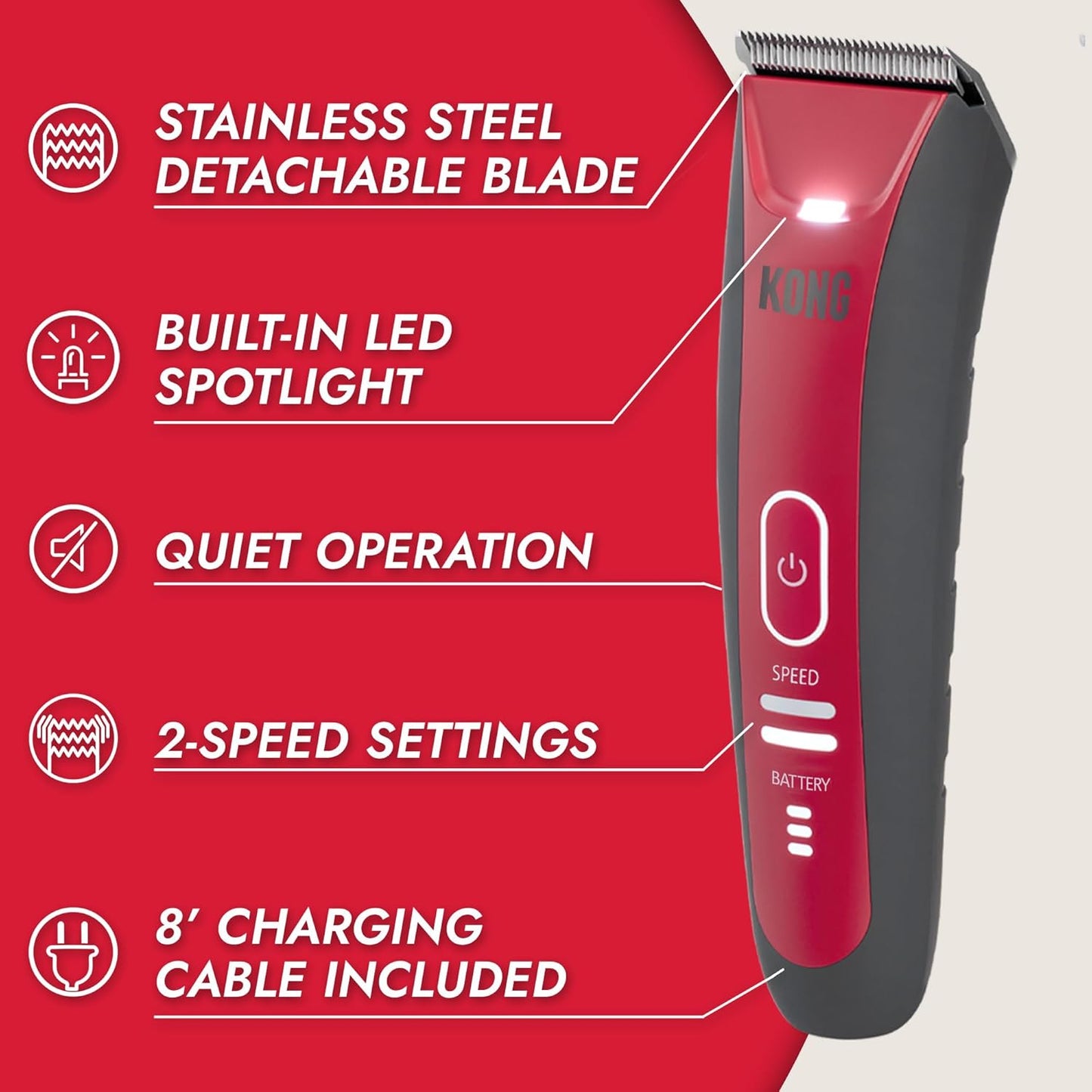Kong 2-Speed Cordless-Corded Dog Clipper Kit – Stainless Steel Blade, Waterproof, LED Spotlight, Use-While-Charging, 6 Guide Combs, Ergonomic Handle – Red/Gray, Medium Coat Types