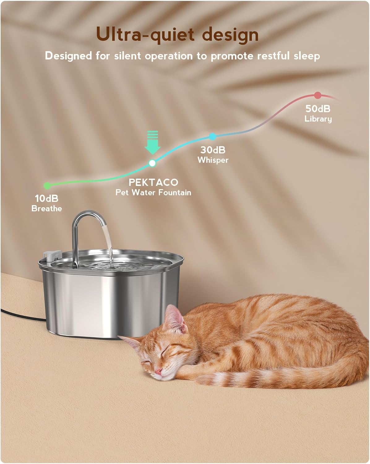 Stainless Steel Cat Water Fountain, 108oz/3.2L Pet Drinking Fountain for Cats & Small Dogs, Quiet Metal Water Dispenser with Flowing Spout for Indoor Use