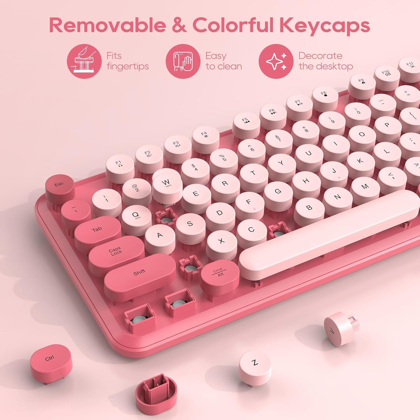 Wireless Keyboard and Mouse Combo, Cute Hot Pink Full-Size Retro Typewriter Keyboard with Round Keycaps, Magnetic Wrist Rest, Tilt Legs, 2.4GHz Cordless for Mac, Windows PC, Laptop, SABLUTE CK23