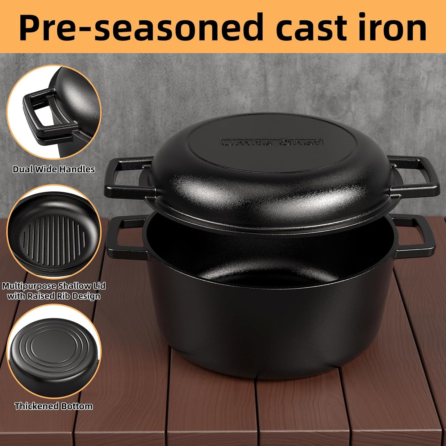 Cast Iron Dutch Oven Pot with Skillet Lid – Pre-Seasoned – Skillet Lid Cooking Pan– PFAS-Free –Umite Chef Cast Iron Skillet Cookware for Bread, Frying, Baking – Dual Handles – Oven, Grill, Campfire & Stovetop Safe – Durable & Non-Toxic, 5QT