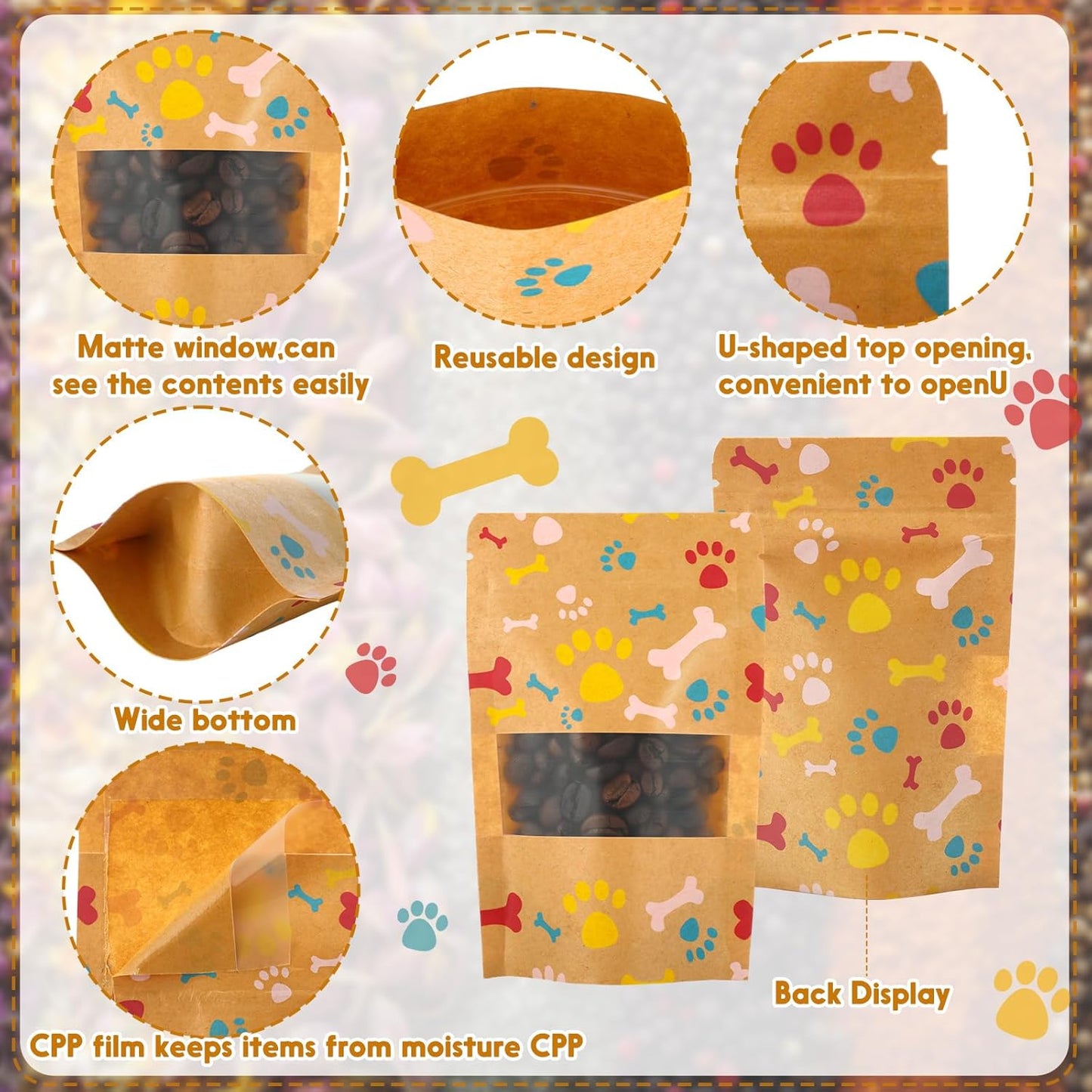 200 Pcs Paw Dog Treat Bags Puppy Party Favor 3.5" x 5.5" Paw Gift Bag Resealable Stand up Kraft Paper Zipper Pouch Dogs Packaging for Homemade Treats, Food-safe Material
