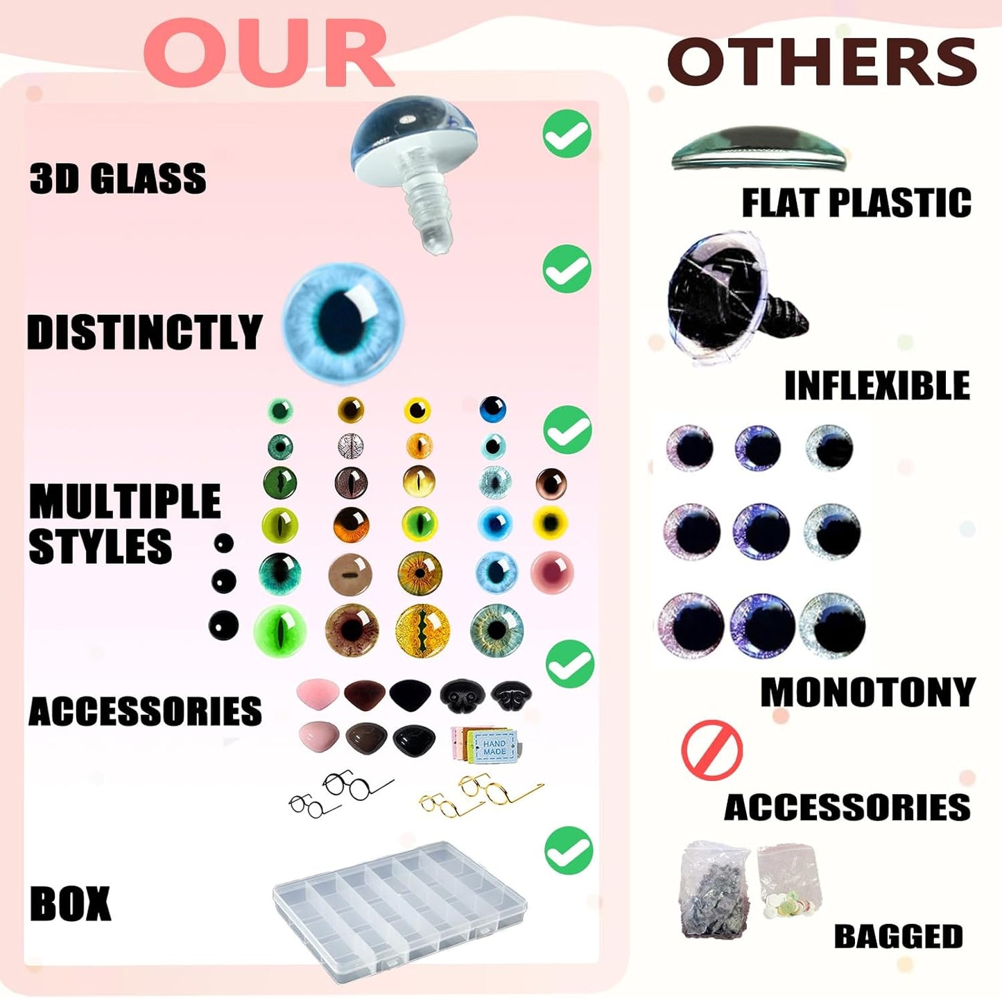 CSCHENGO 8-20mm 253 PCS Amigurum Safety Eyes for Crochet Animals, 3D Glitter Glass Eyes for Crafts Kit with Noses/Glasses/Leather Tags,Doll Crochet DIY Crafts Stuffed Animals Making Supplies