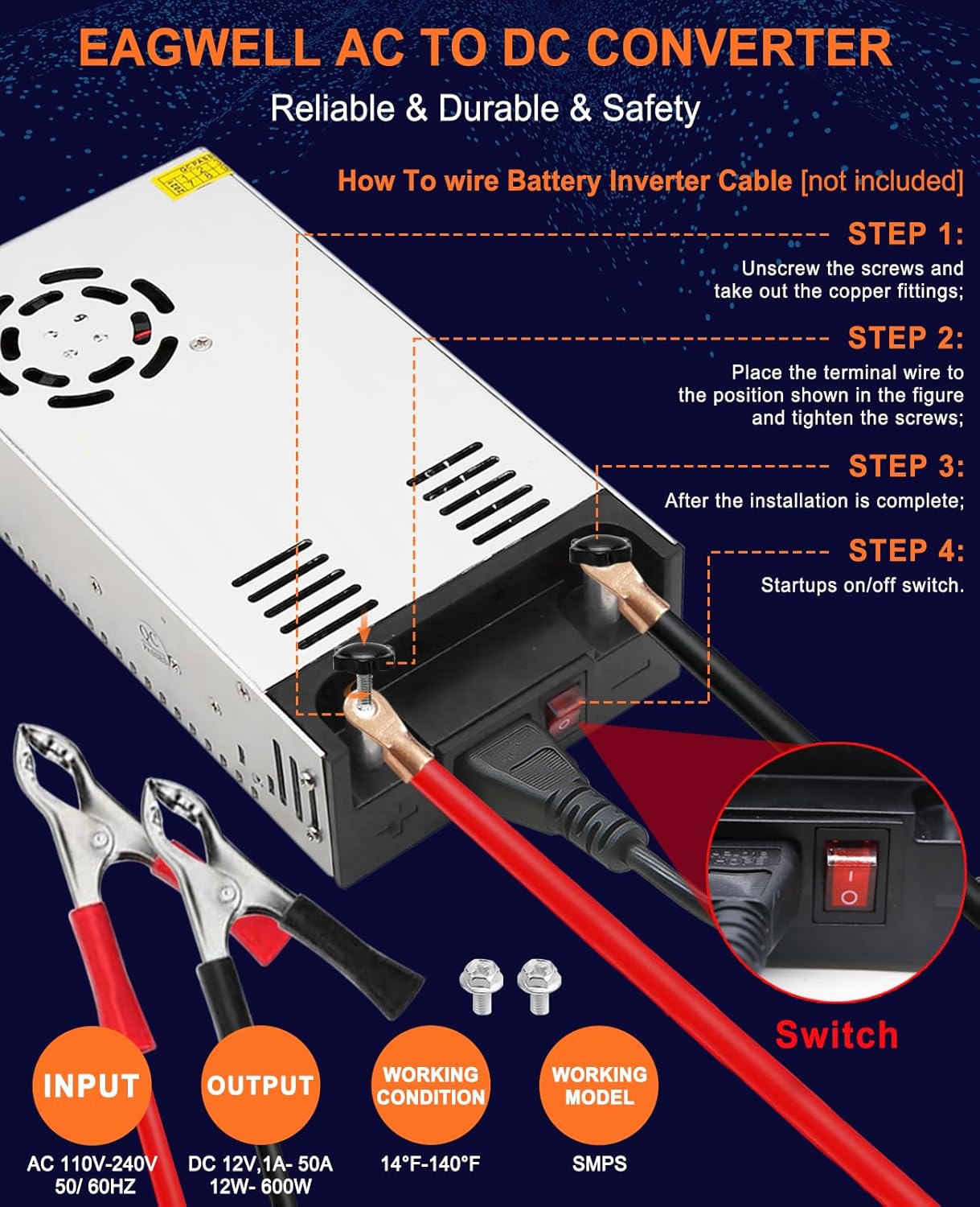 New Version 110V AC to 12V DC Converter 600W Power Supply 50A, Universal SMPS Transformer for RV, Pump, LED Strip, CCTV, Car Stereo,Diesel Heater