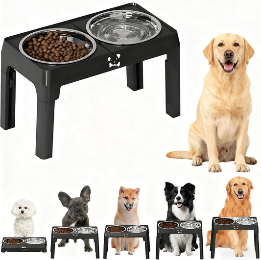 Elevated Dog Bowls Stand 5 Height Adjustable, Raised Dog Feeder with 2 Thick 50oz Stainless Steel Bowls, Non-Slip Pet Food Station for Medium & Large Breeds (Black)