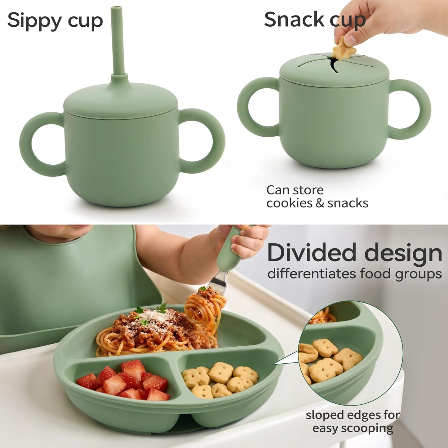 Silicone Baby Feeding Set, Baby Led Weaning Supplies, Eating Essentials Utensils with Suction Plate and Bowl, Pocket Bib, Sippy Cup with Lid, Forks Spoons Snack Container, for 6+ Months, Green
