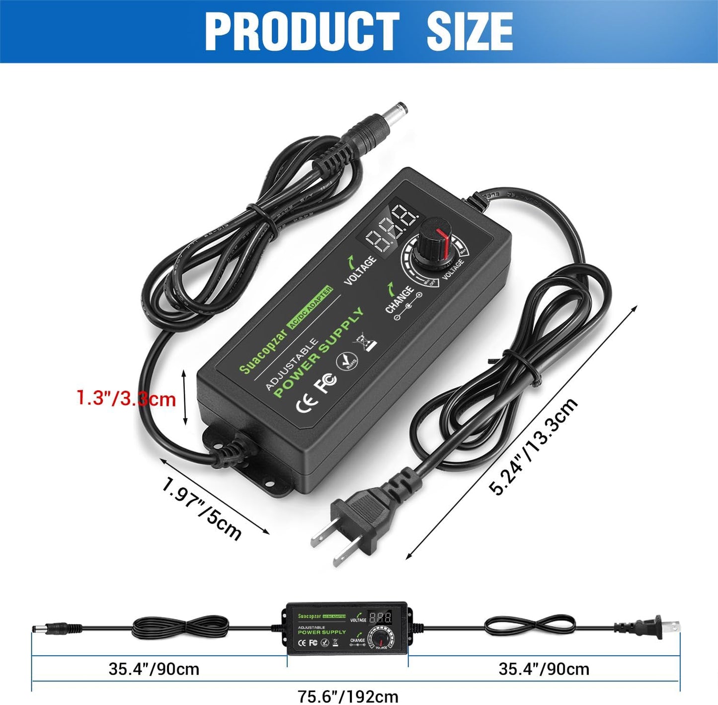 60W Power Supply Adjustable DC 3V ~ 12V 5A, Variable Universal Switching AC/DC Adapter with LED Display, 100V-240V AC to DC Converter with 5.5x2.1mm & 5.5x2.5mm, Variable Adapter for LED Strip Light