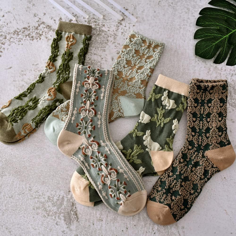 5 Pairs Womens Floral Cute Socks Vintage Embroidered Plant Socks for Women Teens Cotton Cozy Ankle Sock