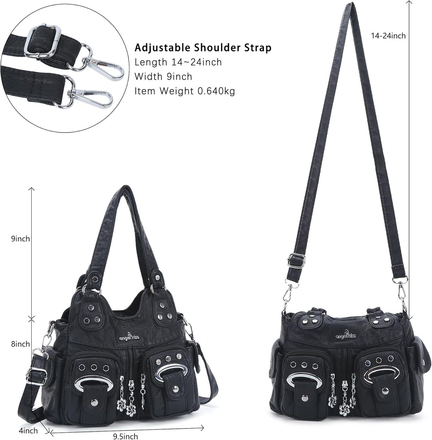Angel Kiss Small Hobo Purses for Women, Washed Vegan Leather Multi-Pocket Purse, Shoulder Handbag with Adjustable Strap