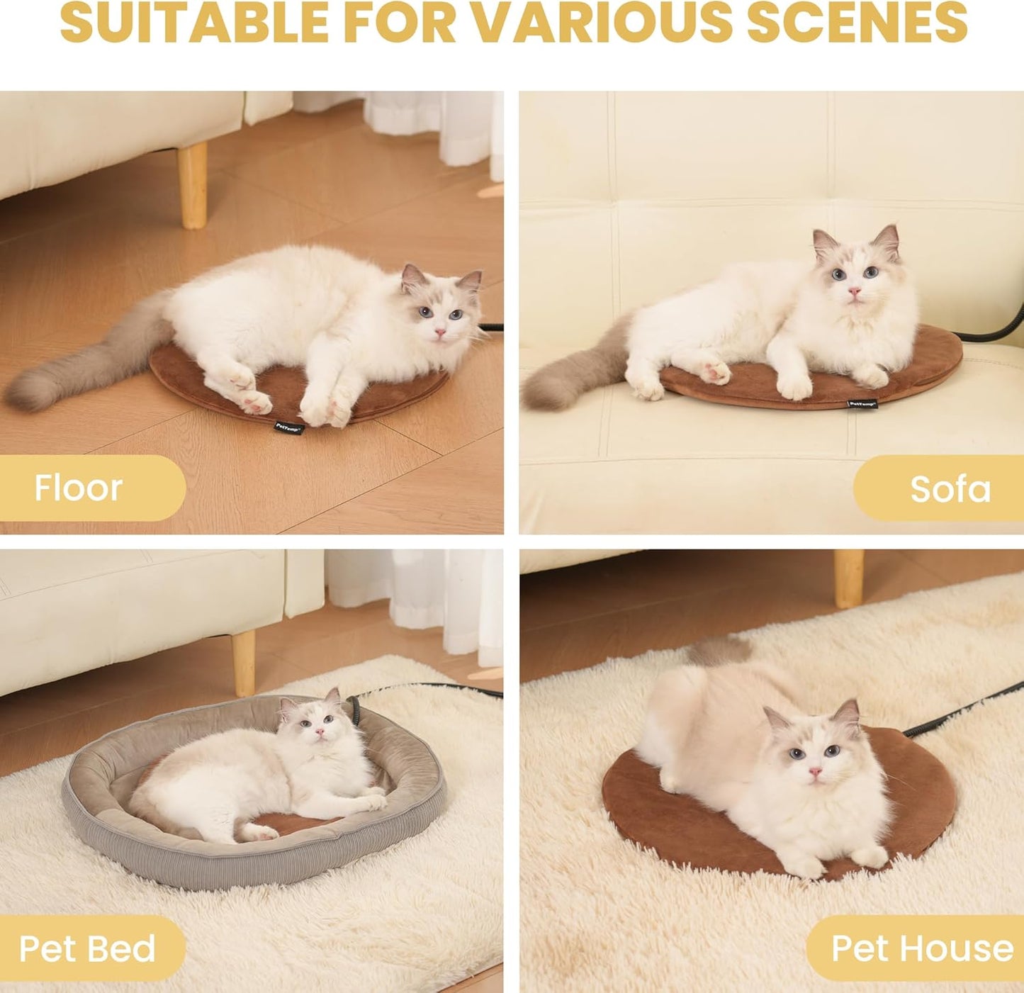 Pet Heating Pad for Cats Dogs Indoor & Sheltered Outdoor Waterproof Heated Cat Bed Heated Dog Bed Chew Resistant Cord Constant Temperature Brown Round 16 Inch