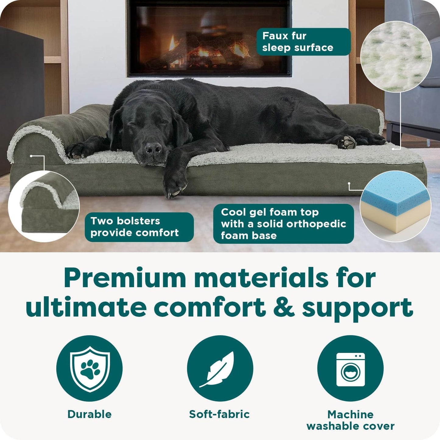 FurHaven Cooling Gel Dog Bed for Large Dogs, L-Shaped Chaise with Cool Gel-Top Foam with a Solid Orthopedic Foam Base for Joint Support, Washable Cover, Jumbo XL, Plush Faux Fur & Suede, Dark Sage