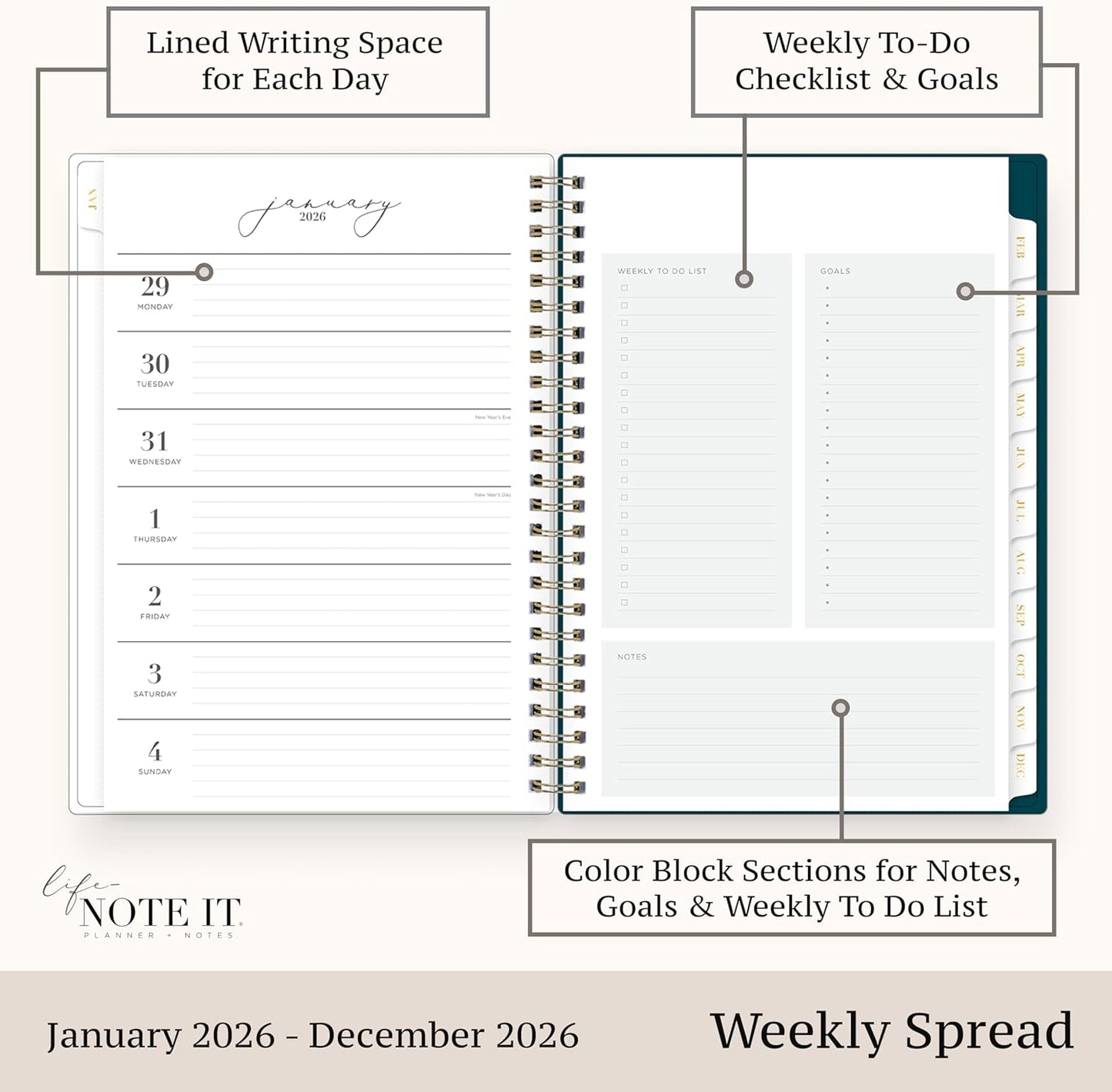 Blue Sky Life Note It 2026 Weekly and Monthly Planner Notes, January 2026 - December 2026, 5.875" x 8.625", Clear Pocket Cover, Durable Twin Wire Binding, Storage Pocket, 50 Perforated Notes Sheets, Dania Dark