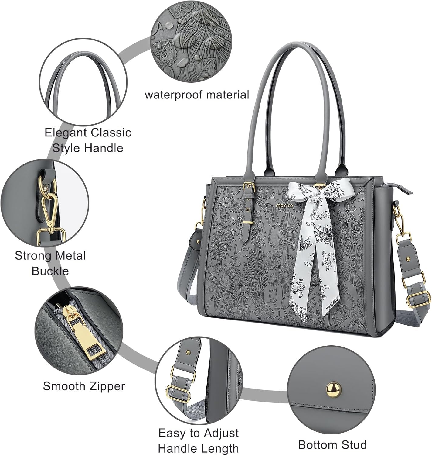 MOSISO Laptop Bag for Women, PU Leather Tote Bag, Front Embossed Retro Hibiscus Computer Bags with Silk Scarf&Clutch Purse