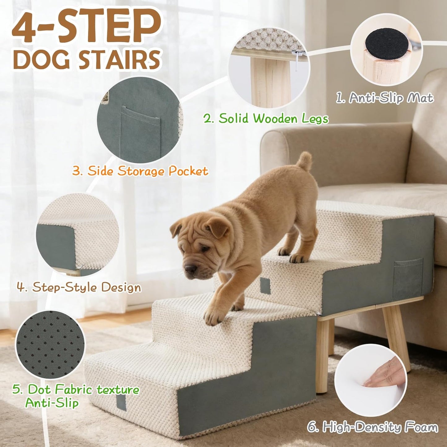 Dog Stairs for Small Dogs and Cats, 4-Step Dog Ramp for Couch and Bed, Foldable 2-in-1 Wooden Pet Steps for Puppy, Split Ottoman Design, Beige