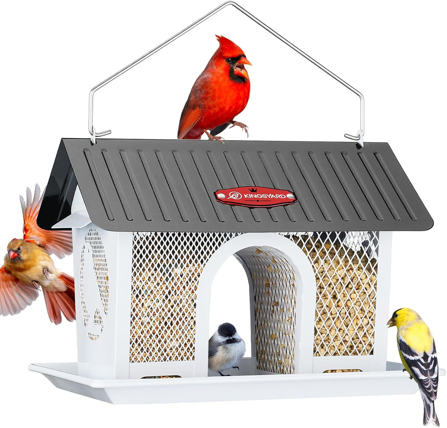 Kingsyard Bird Feeder for Outdoors Hanging, Dual-Use Metal Mesh Wild Bird Feeders with Seed Tray & Weatherproof Roof, 3 lbs Large Capacity, White
