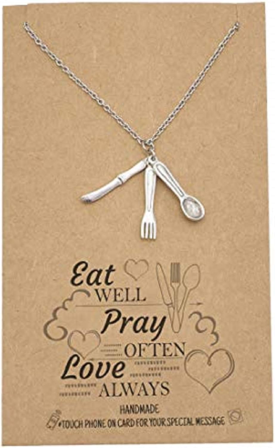 quan jewelry Handmade Spoon Fork Knife Pendant Necklace for Women, Foodie Best Friend Birthday Mothers Day Gifts, Kitchen Cutlery Charm, Gifts for Men and Women with Inspirational Greeting Card