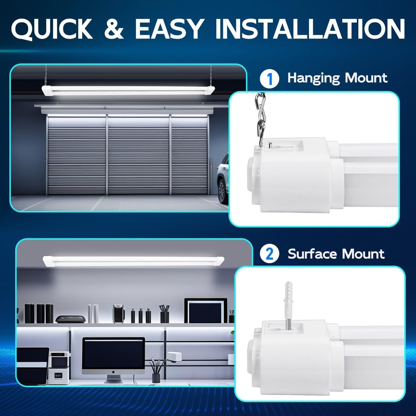 hykolity 4 Pack Linkable LED Shop Light, 4FT 44W [300W Equivalent], 4600lm, 5000K Daylight, Plug-in Utility Bay Light Fixture, Hanging or Surface Mount, White - Energy Efficient Lighting Solution