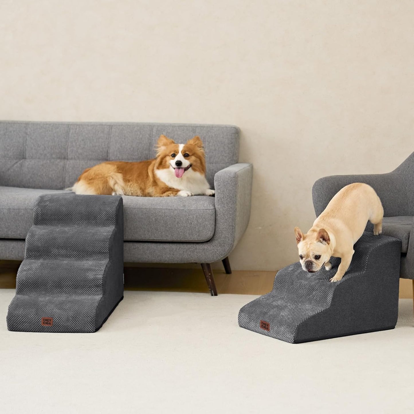 EHEYCIGA Curved Dog Stairs Ramp for Small Dogs 15.7" H, 3-Step Dog Steps for Couch Sofa and Chair, Pet Stairs for Cats, Non-Slip Balanced Pet Steps Indoor, Grey
