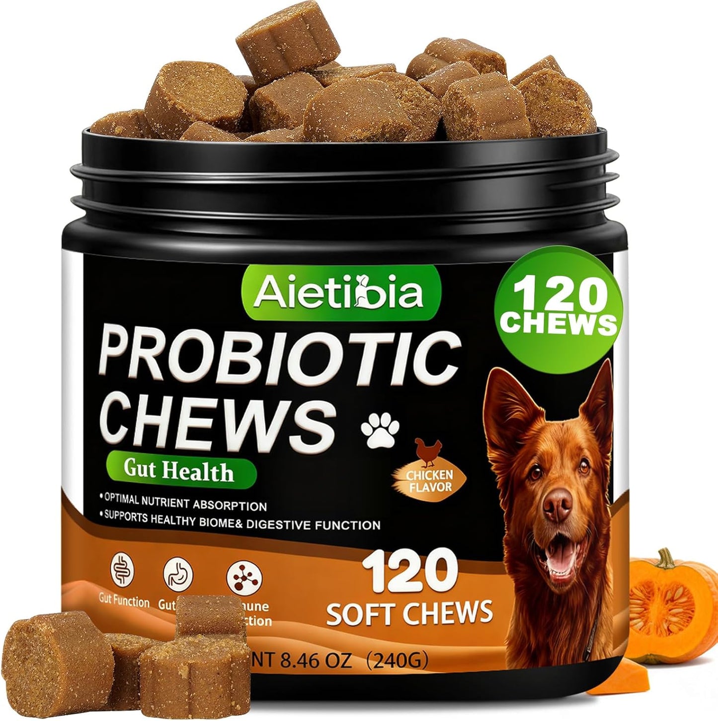 120 Chew Probiotics for Dogs Enzymes Breath Aid Support&Boosting Immunity and Gut Microbiota with Pumpkin Dietary Fiber Digestive Enzymes -Chicken Flavor