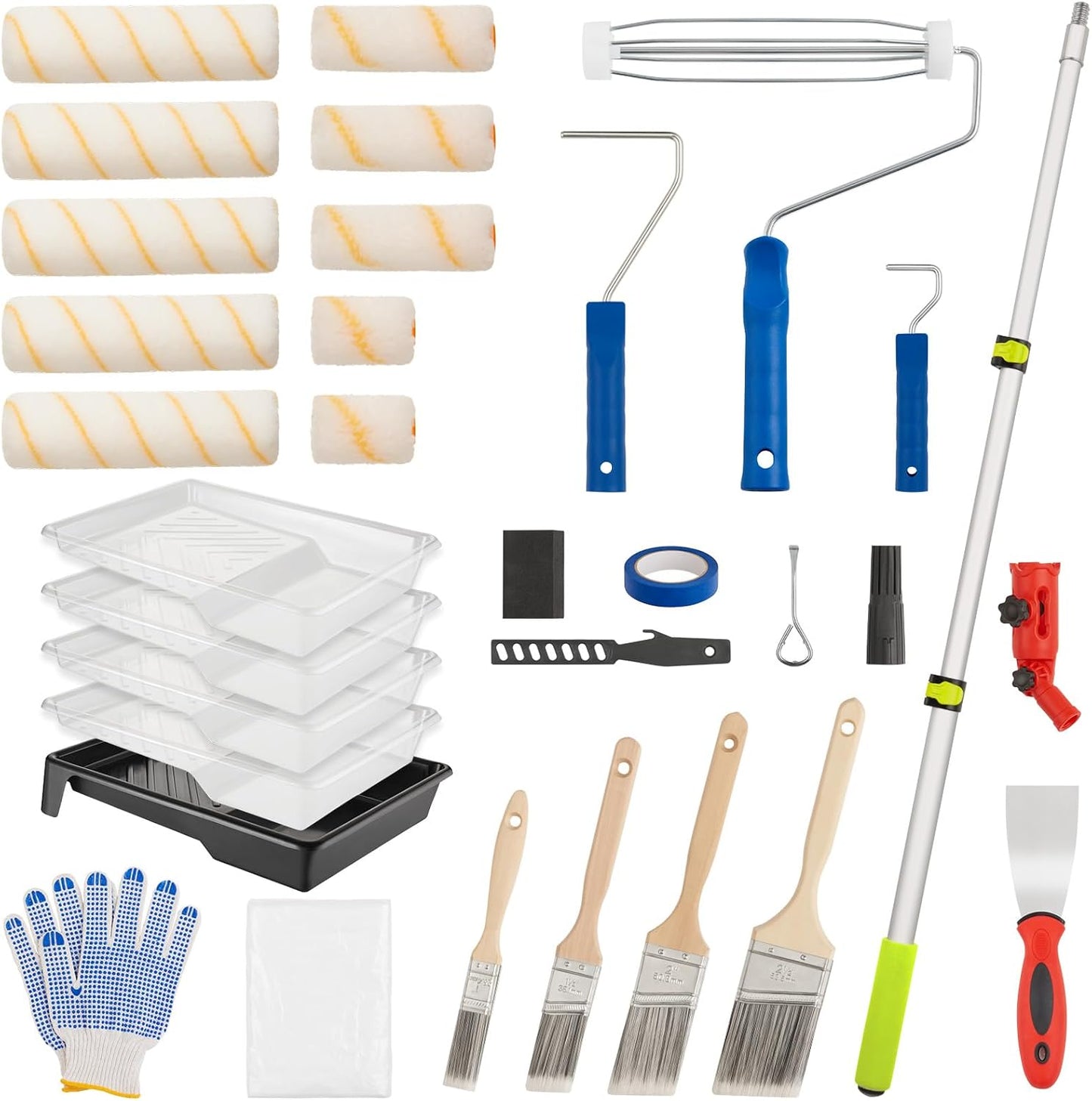 House Paint Roller Kit with Extension Pole, Home Wall Painting Supplies Set, with Paint Brush, Paint Tray, Multi-Angle Paint Brush Extender