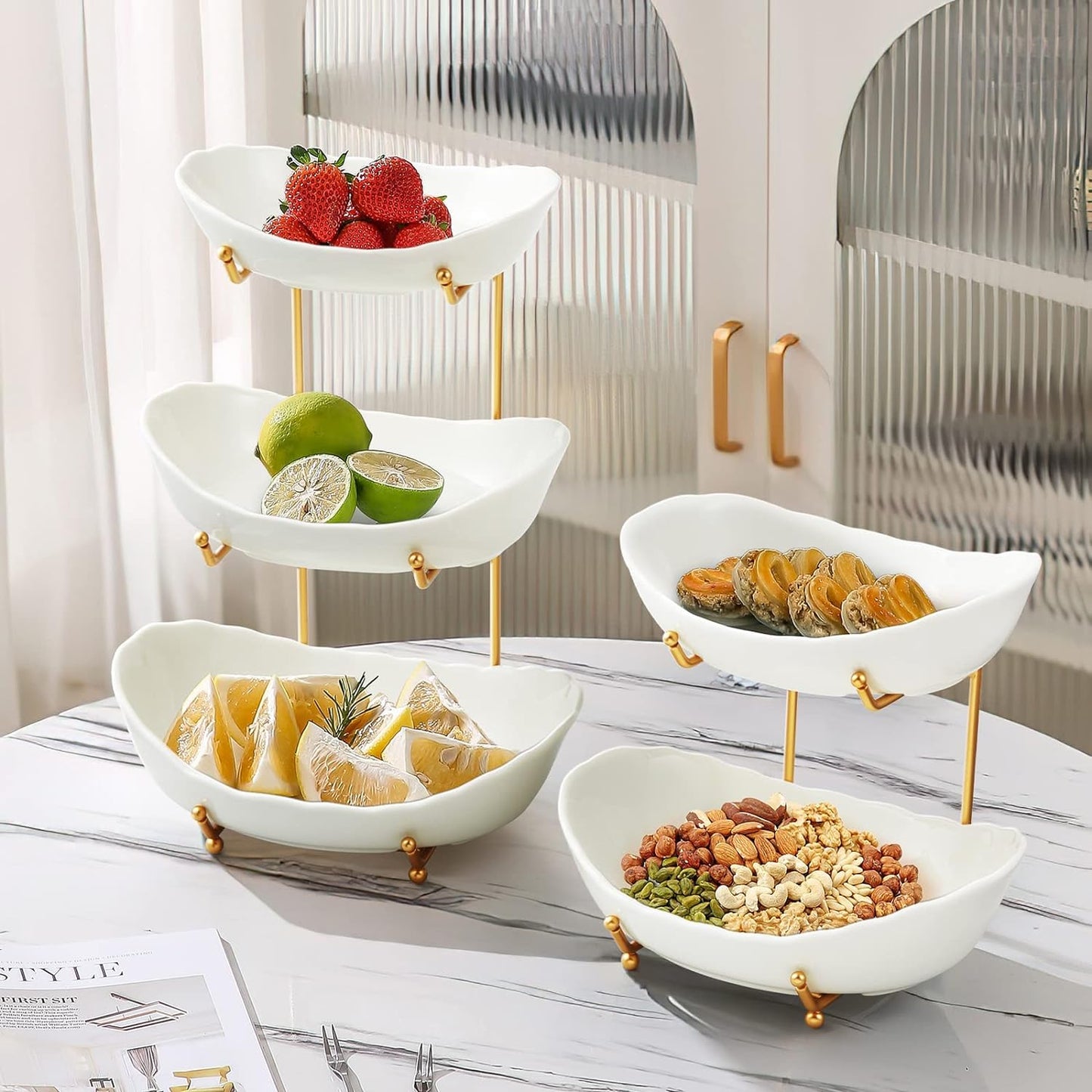 Ceramic Fruit Bowl for Kitchen Counter - 3 Tier Fruit Basket with Metal Stand, Tiered Fruit Stand for Countertop, Snack, Nuts, Cake, Dessert, Cute (Gold, Small)