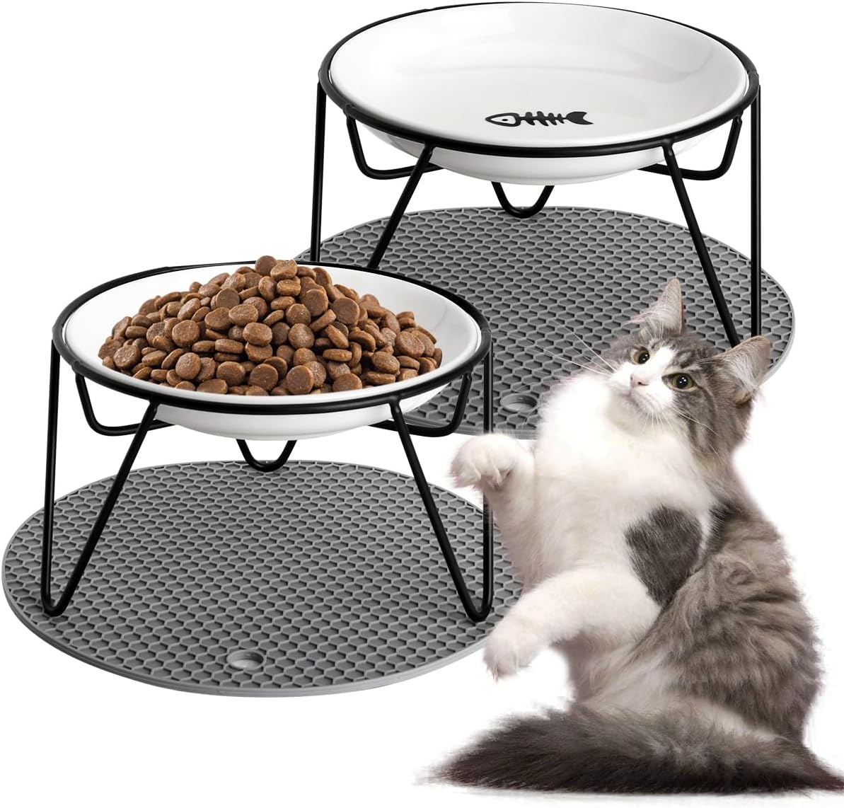 2 Pcs Elevated cat Bowls,Raised Ceramic Cat Dish with Metal Stand,Whisker Friendly,Non-Slip Mat,Pet Feeding Food Bowls Stand,Kitten Plate(2 Fish)