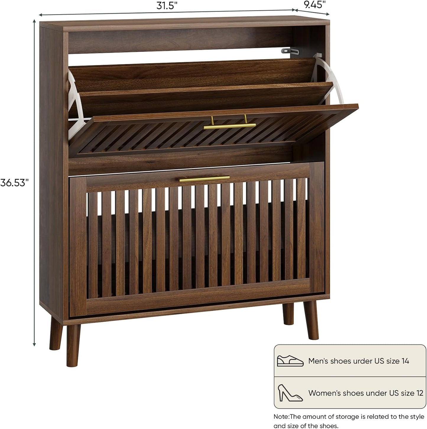 31.5" W Shoe Cabinet Storage for Entryway with 2 Flip Drawers, Shoe Cabinet with Slatted Panel, Hidden Shoe Rack Freestanding Slim Shoes Organizer for Hallway, Entrance, Walnut